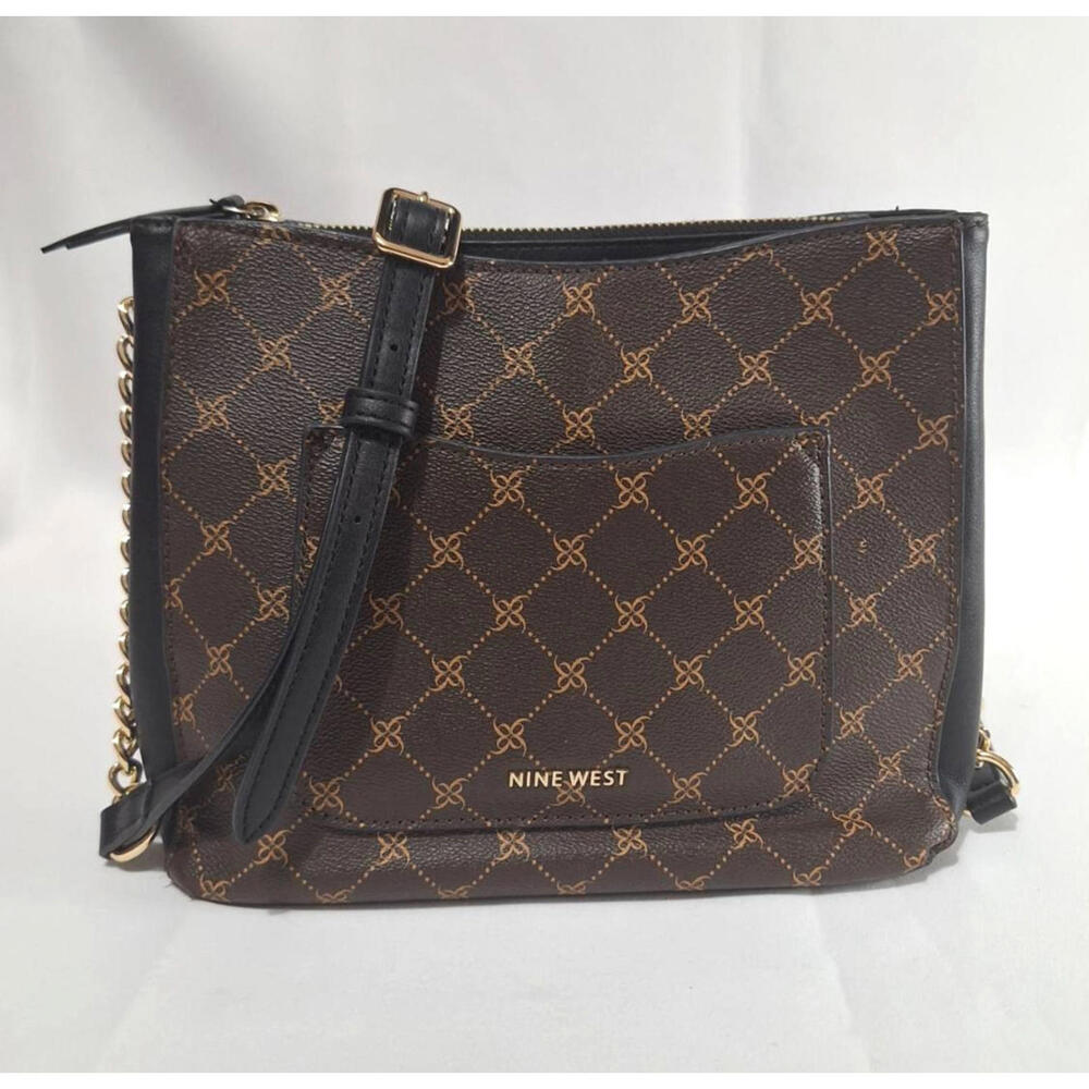 Nine West Kensington Crossbody Bag‎ Golden Chain 3 Compartments Logo All over